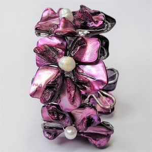 Handmade Dark Purple Cuff Bracelet Pearl and Mother Of Pearl Bangle NEW